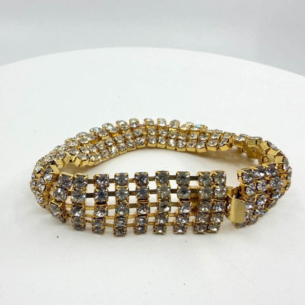 Gold Tone Rhinestone Bracelet - Glam Statement Layering Party Accessory